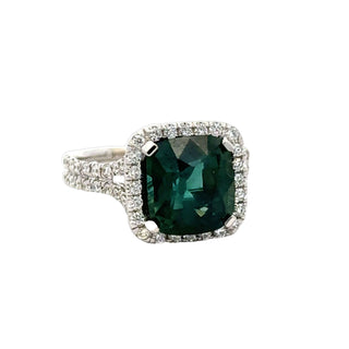 18KW 3.77ct CU Teal Sapphire 0.60ct Dia Halo Ring