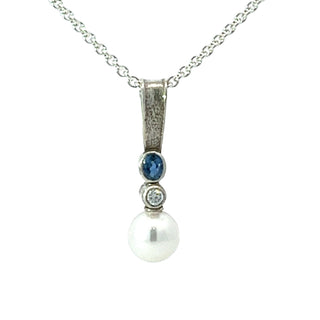 Ladies Argentiun Silver, Cultured Pearl, Diamond and Sapphire Pendant
