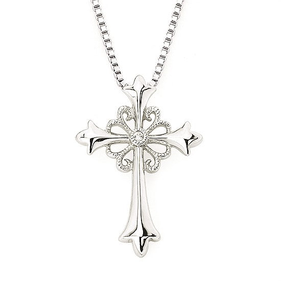 Sterling Silver Filigree Diamond Cross Necklace