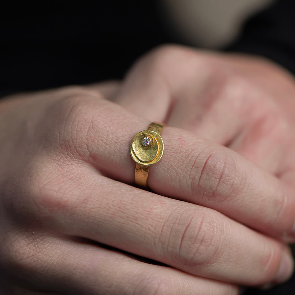 18K Yellow Gold Diamond Textured Disc Ring