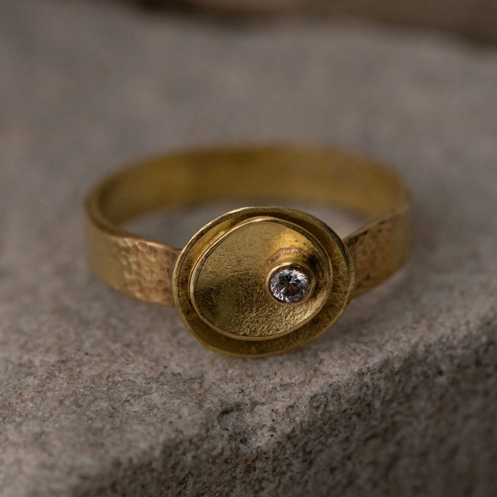 18K Yellow Gold Diamond Textured Disc Ring