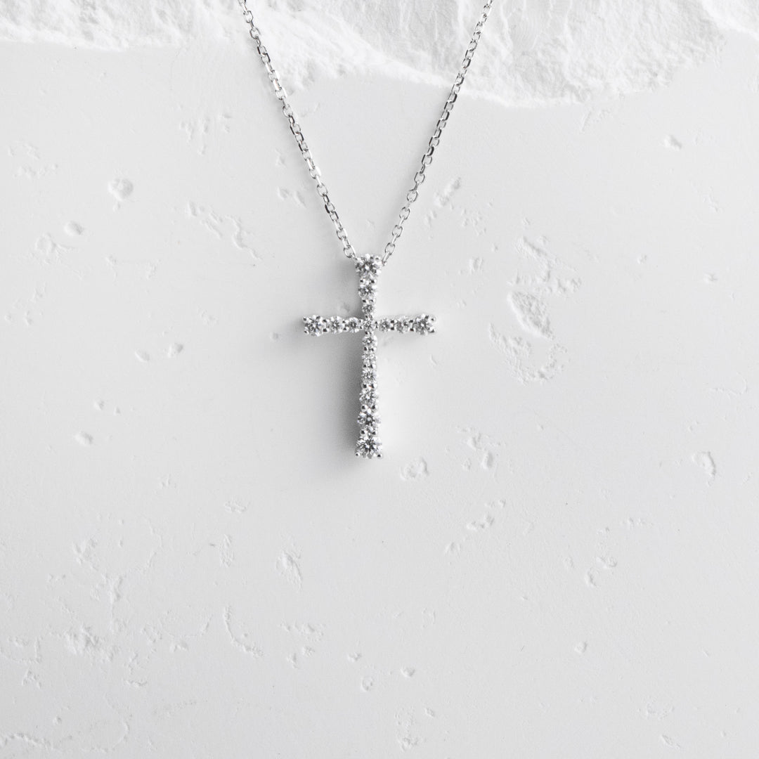 14K White Gold Tapered Diamond Cross Necklace