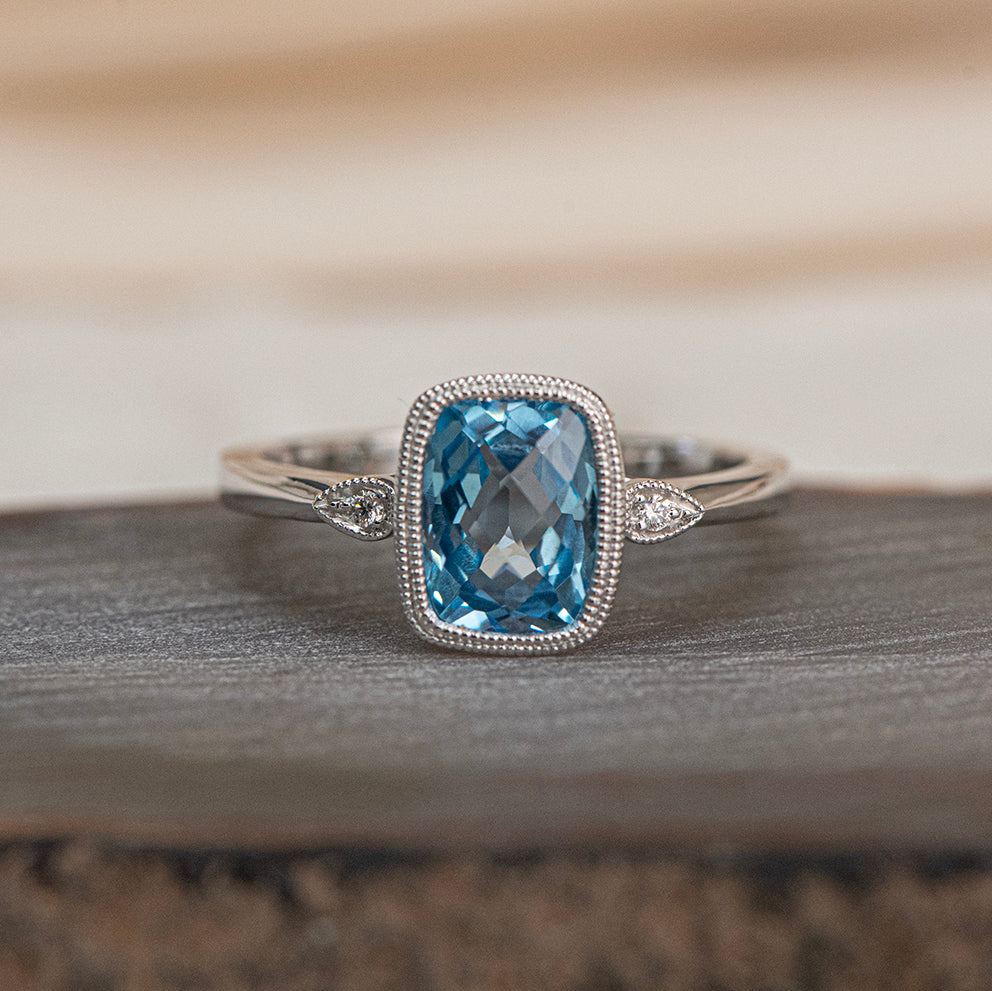 14K White Gold Cushion Swiss Blue Topaz & Diamond Ring