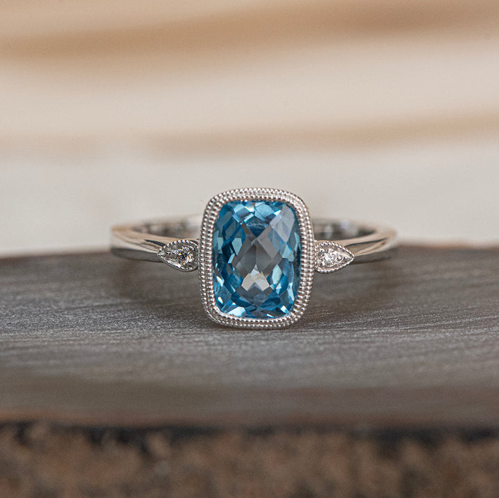 14K White Gold Cushion Swiss Blue Topaz & Diamond Ring