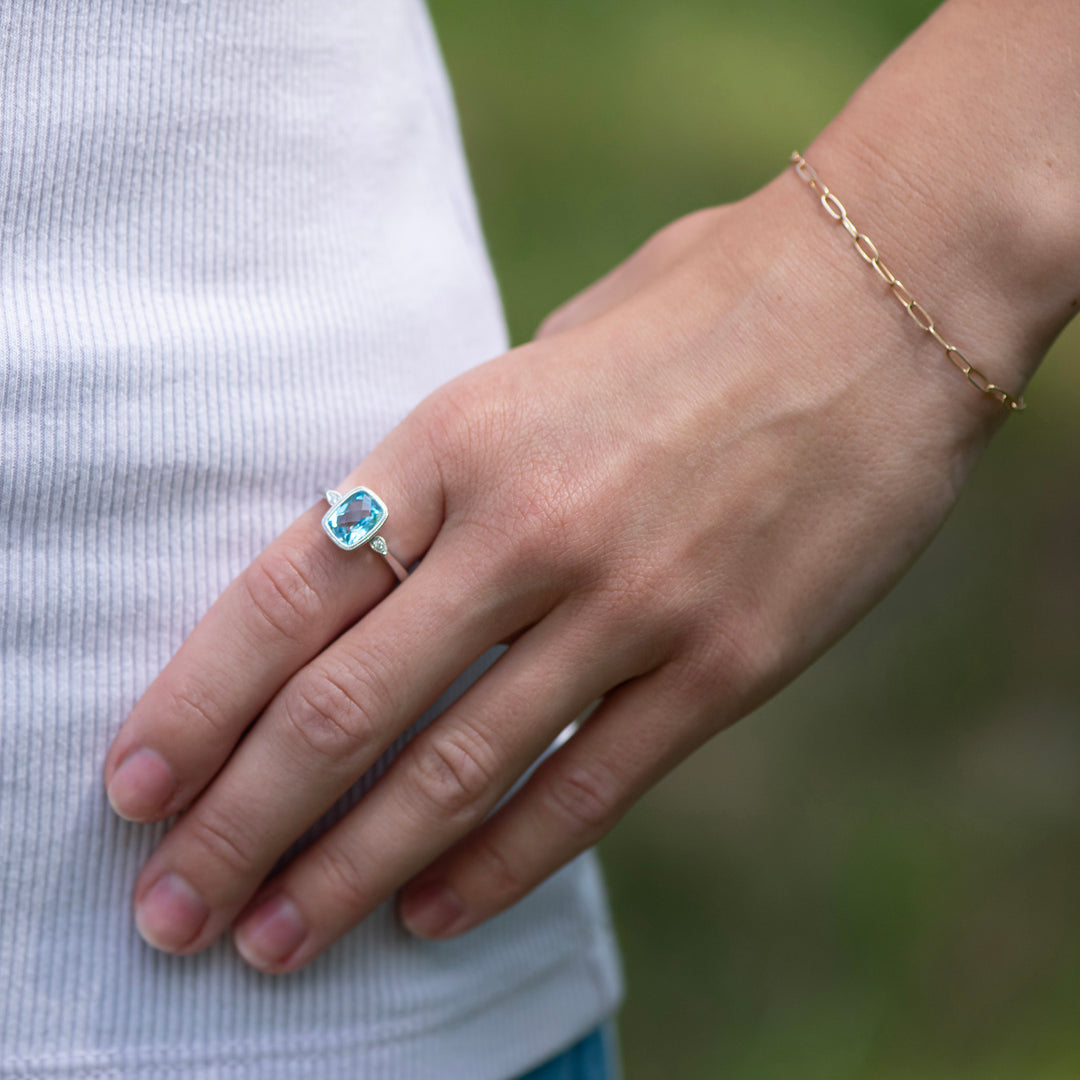 14K White Gold Cushion Swiss Blue Topaz & Diamond Ring