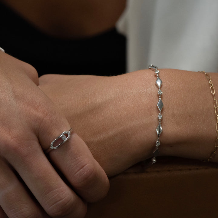 Sterling Silver Diamond Geometric Link Station Bracelet
