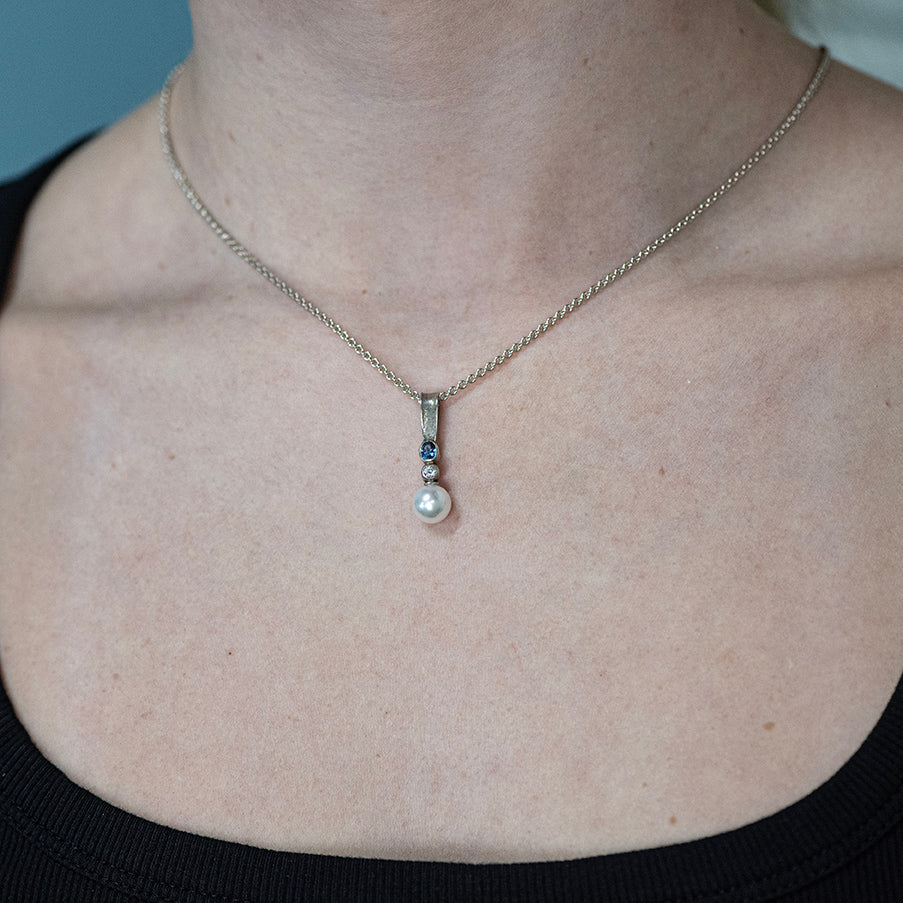 Argentium Silver Sapphire Diamond Pearl Pendant Necklace