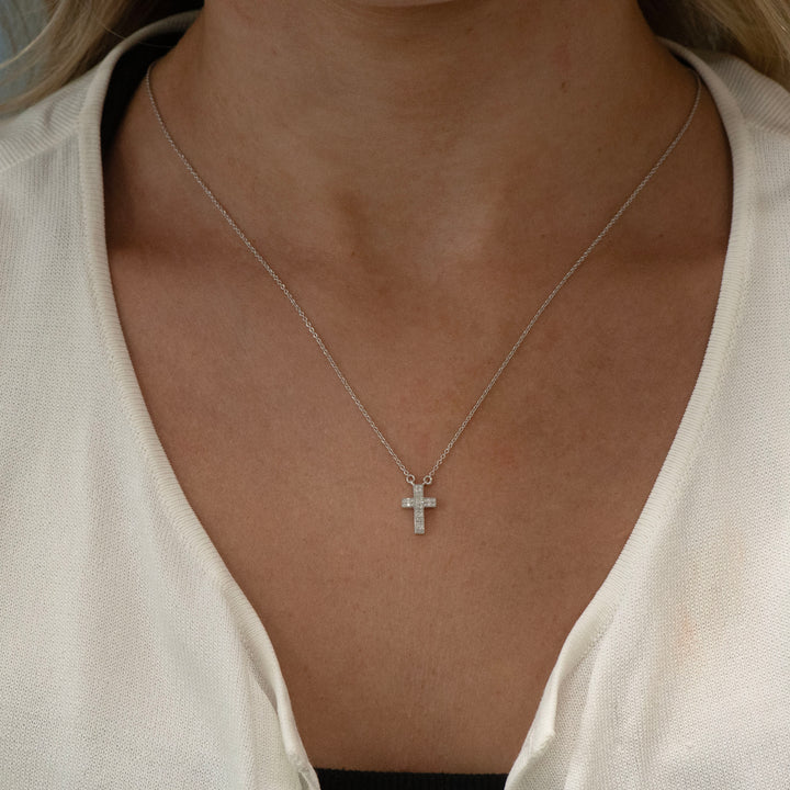 Sterling Silver Pave Diamond Cross Necklace