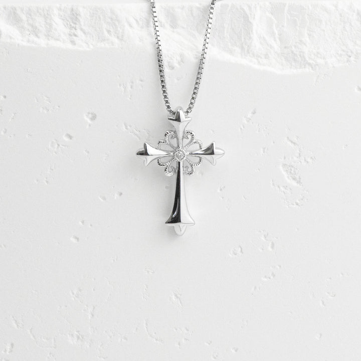 Sterling Silver Filigree Diamond Cross Necklace