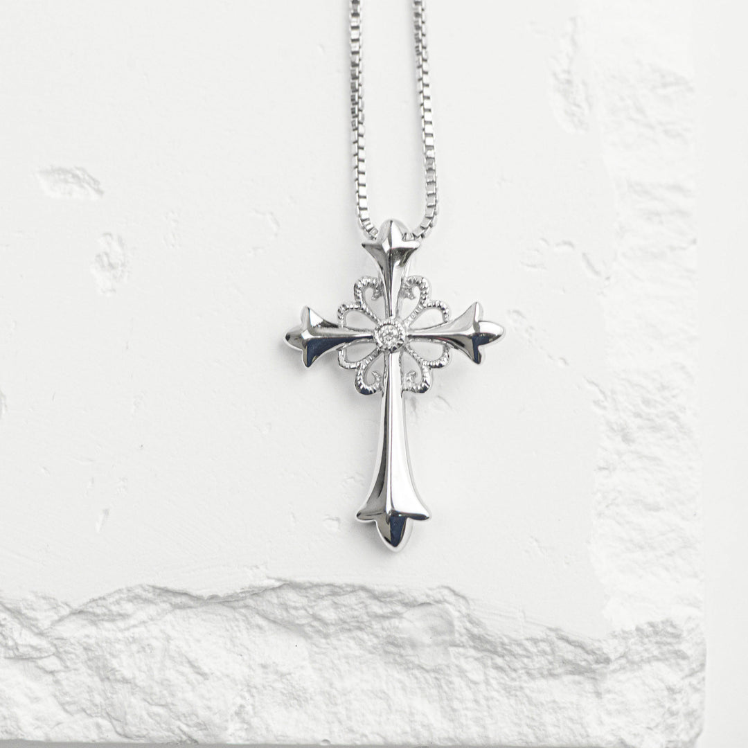 Sterling Silver Filigree Diamond Cross Necklace