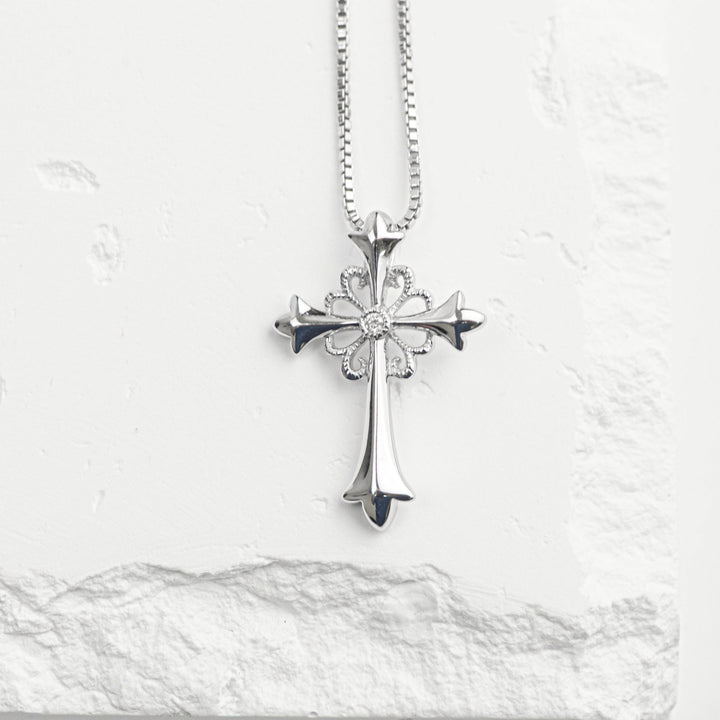 Sterling Silver Filigree Diamond Cross Necklace