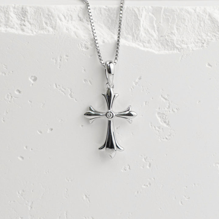 Sterling Silver Flared Diamond Cross Necklace
