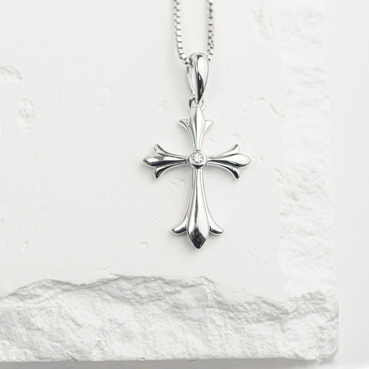 Sterling Silver Flared Diamond Cross Necklace