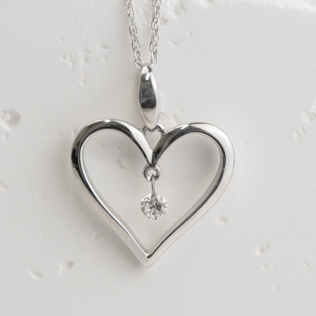 14K White Gold Shimmering Diamond Open Heart Necklace