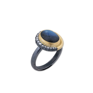 22K Gold & Oxidized Silver “LUNA” Ring with Oval Cabochon Labradorite & Diamonds