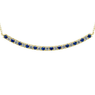 14KY Diamond and Blue Sapphire Curved Bar Station Pendant on adj Dia Cut Cable Chain 16-17-18"