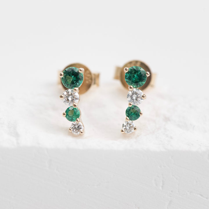 14K Yellow Gold Emerald and Diamond Graduated Stud Earrings