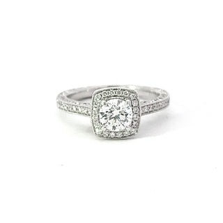 1cttw Diamond Halo Engraved Engagement Ring In White Gold
