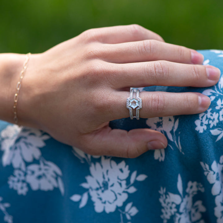 14K White Gold Hexagon Aquamarine & Diamond Ring