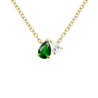 14KY 2- Stone Pear Diamond and Emerald Fixed Pendant on Adj Cable Chain 16-17-18"