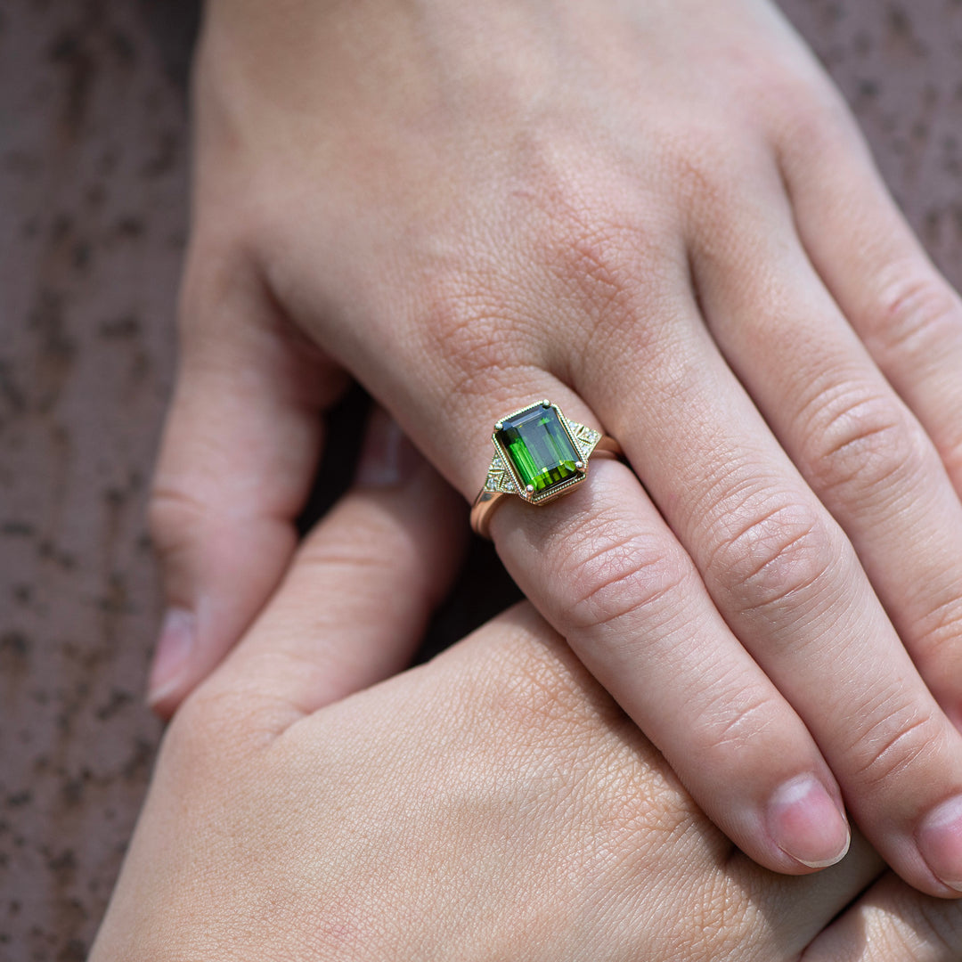 14K Yellow Gold Green Tourmaline & Diamond Ring