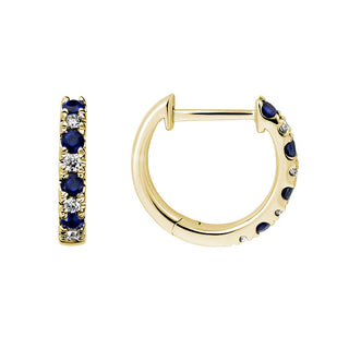 14K Yellow Gold Sapphire and Diamond Huggie Hoop Earrings