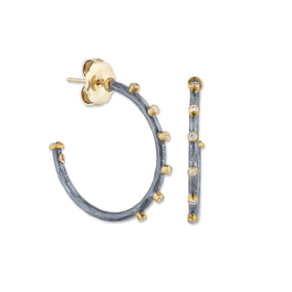 24K & Oxidized Silver Dima Hoop Earrings with Diamonds, 30 MM (6 +1 on the back each)