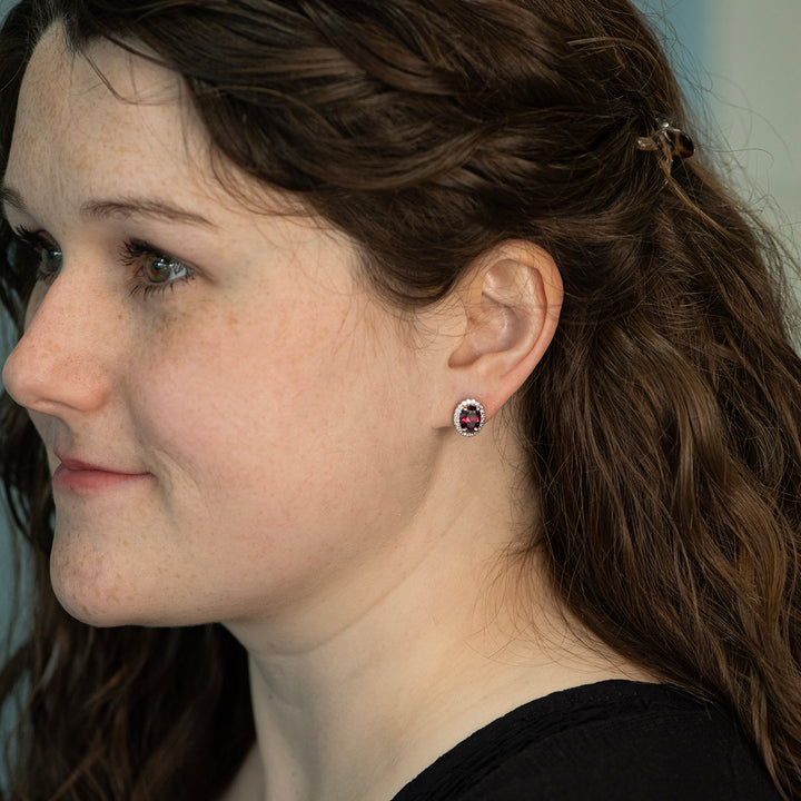 Rhodolite Garnet And Diamond Halo Stud Earrings In White Gold