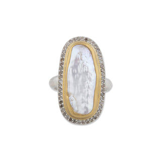 24K Gold & Sterling Silver “PEARLITA” Pearl Ring, Cognac Diamonds NS, 10x24mm pe