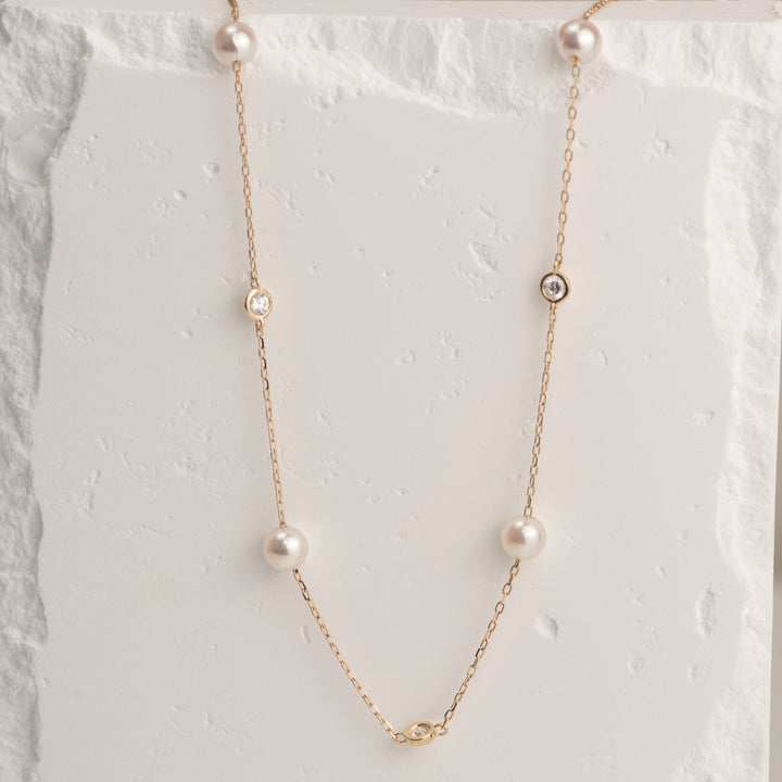 14K Yellow Gold Akoya Pearl and Lab Diamond Station Necklace