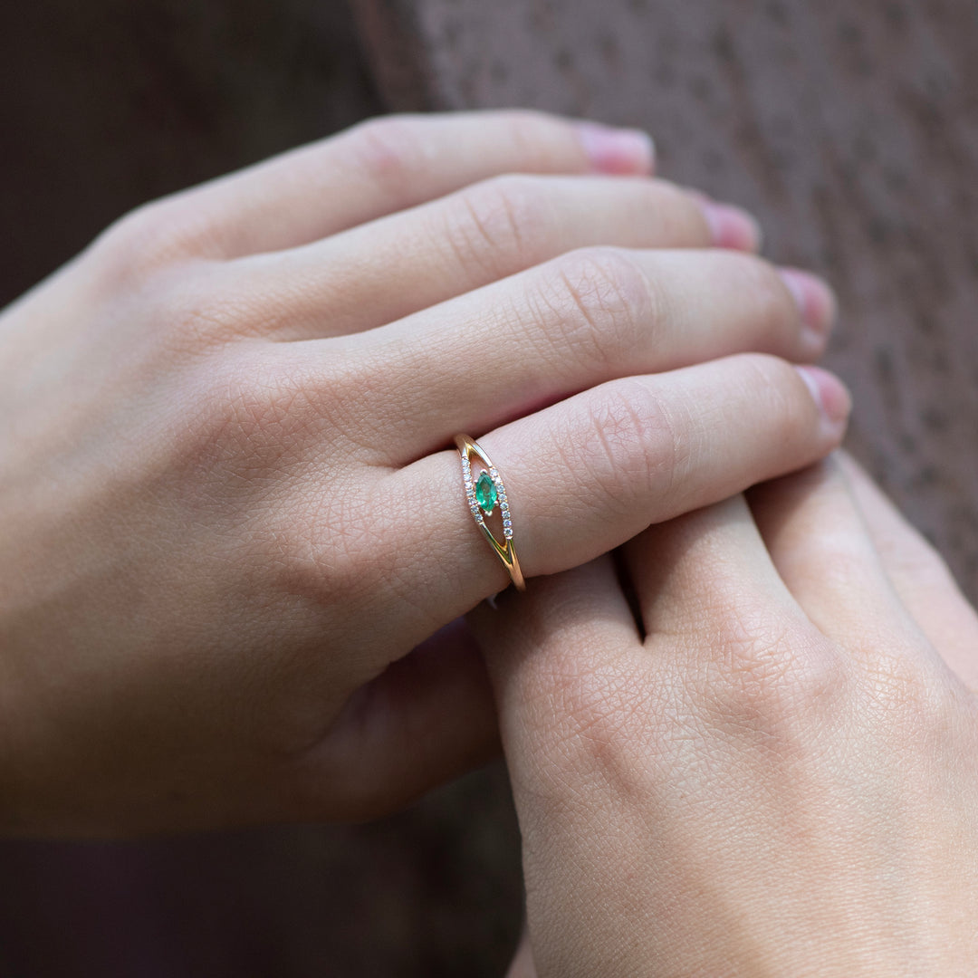 14K Yellow Gold Marquise Emerald and Diamond Bypass Ring
