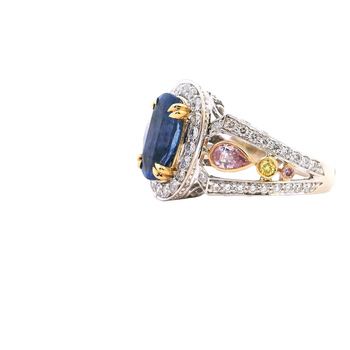 Oval Shape Blue Sapphire Halo Cocktail Ring In Tri-Color Gold