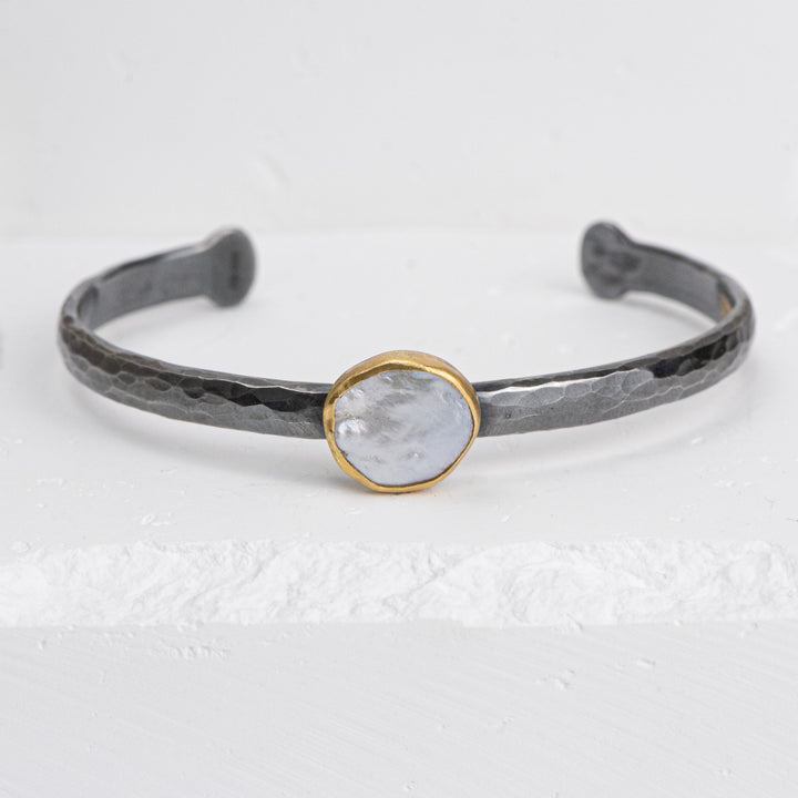 24K Gold and Oxidized Silver Pearl "KARIN" Cuff