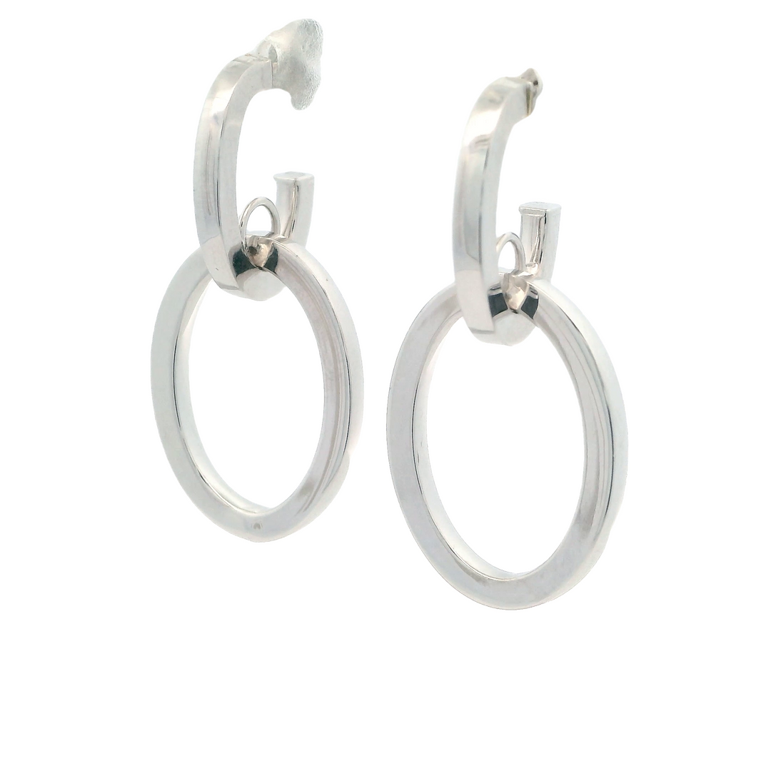14K White Gold Polished Interlocking Drop Hoop Earrings with Push Back Clasp