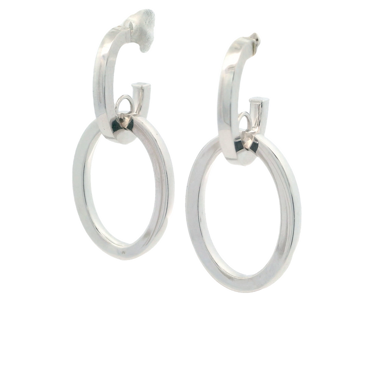 14K White Gold Polished Interlocking Drop Hoop Earrings with Push Back Clasp