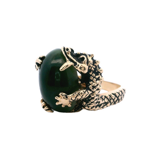 14K Yellow Gold Nephrite Jade Mens Dragon Ring