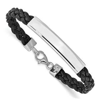 Sterling Silver Rhodium-plated Black Braided Leather Bracelet
