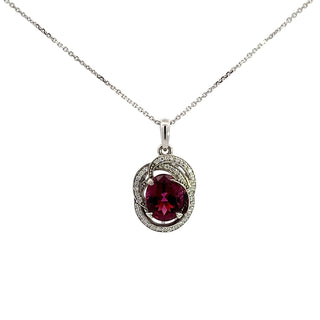 Rhodolite And Diamond Halo Pendant In White Gold