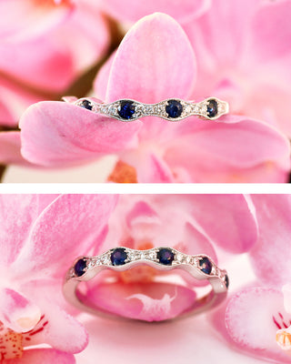 Blue Sapphire And Diamond Pinched Style Wedding Ring In White Gold