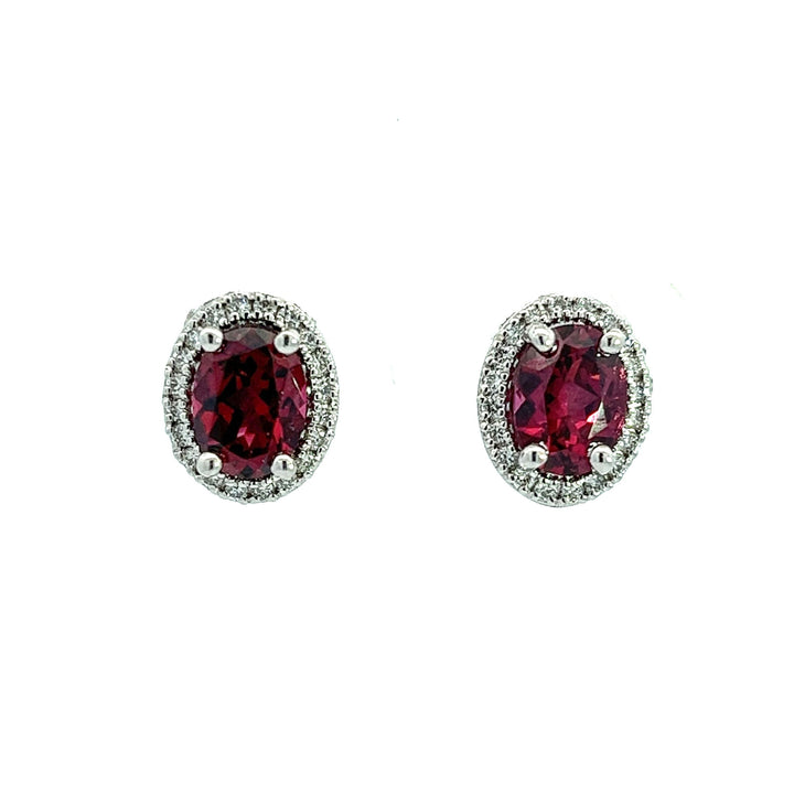Rhodolite Garnet And Diamond Halo Stud Earrings In White Gold