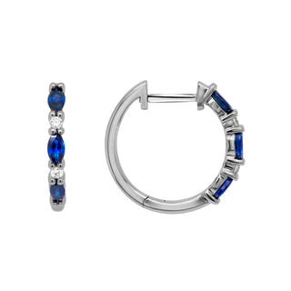 14K White Gold Marquise Sapphire and Round Diamond Huggie Hoop Earrings