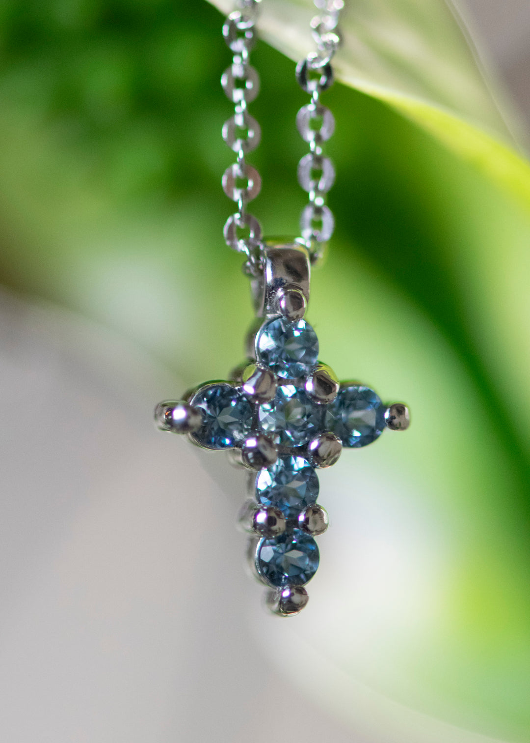 14KW Small AA Aqua Cross Necklace