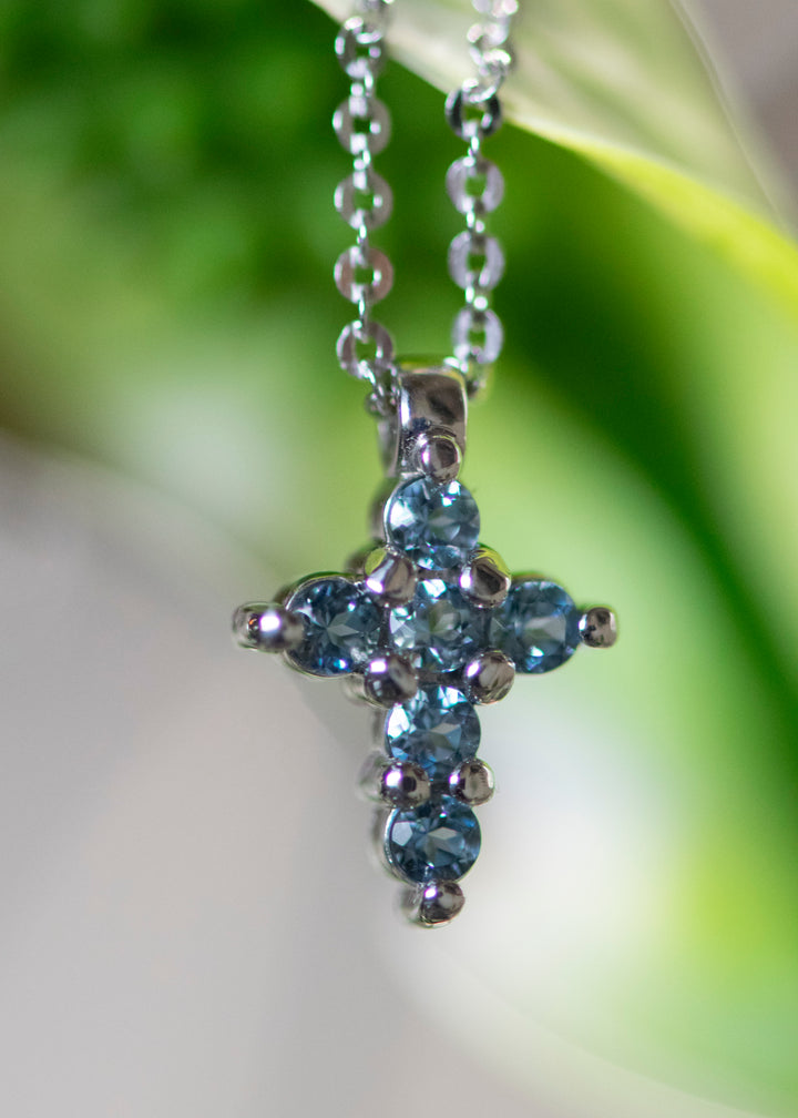14KW Small AA Aqua Cross Necklace