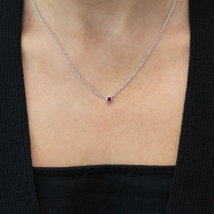 Sterling Silver Created Ruby Bezel Station Necklace