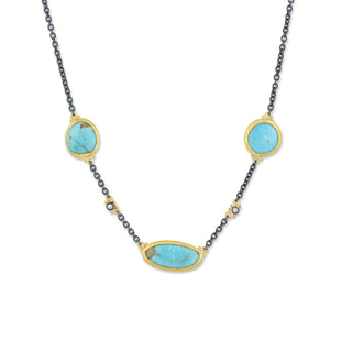 24K Gold & Ox Silver “KATYA” Necklace with Three Freeform Kingman Turquoises, White Diamonds, Oxized Silver Adj. Chain