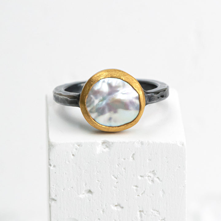 24K Gold and Oxidized Sterling Silver Pearl "KARIN" Ring