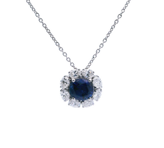 18K White Gold Sapphire with Diamond Halo Necklace