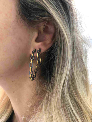 24K Fusion Gold & Oxidized Silver “CHILL-LINK” Hoop Earrings , rectangular shaped Links,18k posts & oxidized silver backings