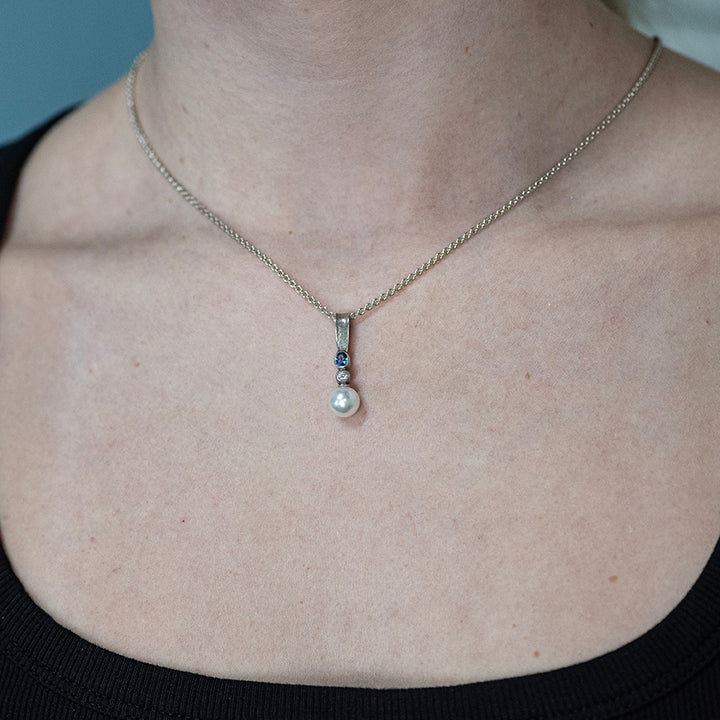 Ladies Argentiun Silver, Cultured Pearl, Diamond and Sapphire Pendant