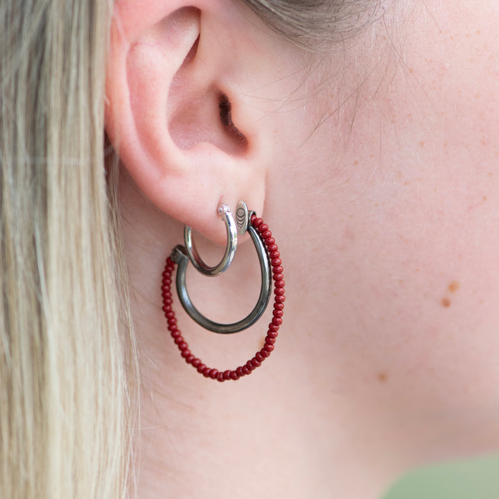 Sterling Silver Glass Seed Bead Double Hoop Earrings